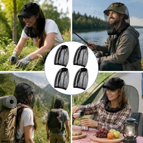4 Pack Mosquito Net Cap, Adjustable Outdoor Insect Protection Hat with Fine Mesh, Lightweight Breathable Head Net for Hiking Camping Fishing Travel and Outdoor Activities — view 5