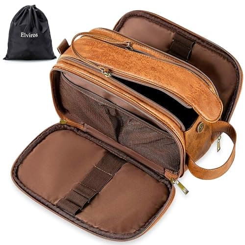Elviros PU Leather Toiletry Bag for Men Water-Resistant, Brown-Large