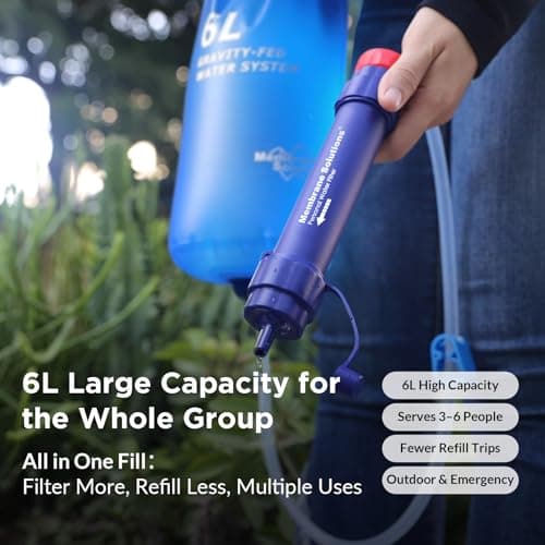 Membrane Solutions Gravity Water Filter Pro, 0.1-Micron Personal Water Filter Straw with 6L Gravity Water Bag, Drinking Water Purifier for Group Emergency Preparedness, Hiking, Camping — view 2