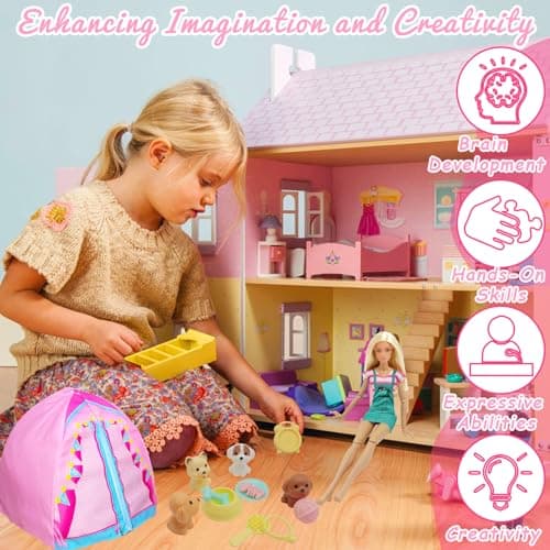 Carreuty 43 Pcs Doll Clothes Travel Camping Accessories, Camping Fashion Playset 1 Tent 1 Telescope 4 Dresses 4 Shoes 4 Pets 29 Accessories Set for 11.5 Inch Doll Girls Gift — view 4
