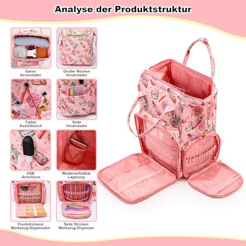 JOZEA Knitting Bag Backpack with USB Charging Port, Large Craft Organiser Bag for Knitting Accessories, Wool Storage for Crochet Projects, 2-Way Travel Bags and Totes(Pink World) — view 2