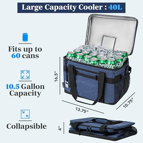 OPUX Collapsible Soft Cooler Bag 60 Can Large Insulated Cooler, Leakproof Soft Sided Cooler with Shoulder Strap & Bottle Opener, Portable Foldable Travel Cooler for Beach Camping Road Trip, Navy Blue — view 2