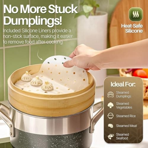 Flexzion Bamboo Steamer Basket Set (10 inch), 50 x Steamer Liners and 2 Pairs of Chopsticks, Steam Baskets for DimSum Dumplings, Rice, Vegetables, Fish and Meat — view 3