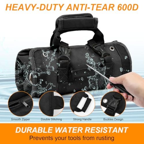 Adiwo Tool Bag, Foldable Roll Up Heavy Duty Bag Organizer, Tool Roll Pouch with 2 Detachable Tool Pouch, Multi Purpose Organizer for Mechanics, Great Gifts for Grandpa Dad Boyfriend, Black — view 3