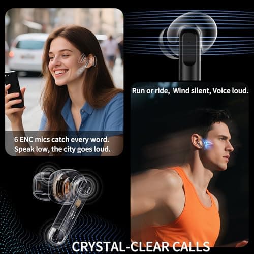Wireless Earbuds, Bluetooth 5.4 In Ear Headphones 6 Mic ENC Noise Cancelling Clear Calls Stereo Deep Bass Ear Buds 48H Playtime Earphones LED Power Display IPX7 Waterproof for Android iOS Bright — view 3