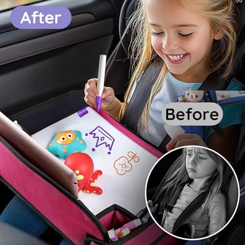 INFANZIA Kids Travel Tray for Car - Car Seat Tray with Markers for Kids Travel, Road Trip Essentials - Carseat Table for Roadtrip Activities - Must Have Toddler Lap Desk Organizer for Airplane (Pink) — view 6
