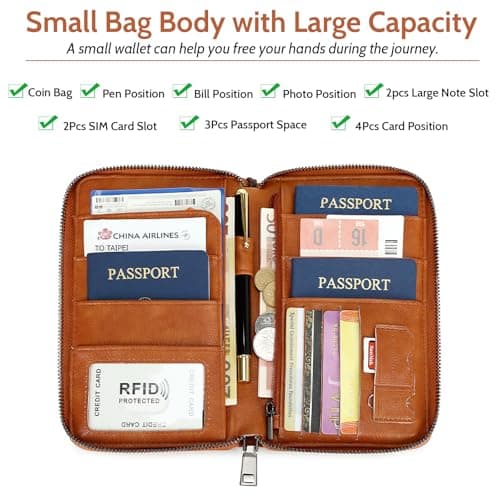 Men Passport Wallet for 3 Passports Women Passport Holder Travel Wallet Pu Leather Large Capacity Travel Document Holder Organiser RFID Trip Document Organizer Family for Cards ID Ticket (Brown) — view 3