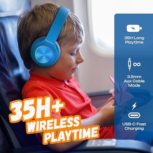 PowerLocus Kids Headphones, Bluetooth Headphones Over Ear for Kids with LED Lights, 94db Volume Limited Headphone, Micro SD/TF, Foldable with Hi-Fi Stereo,Built-in Mic for School/Tablet/Travel — view 3