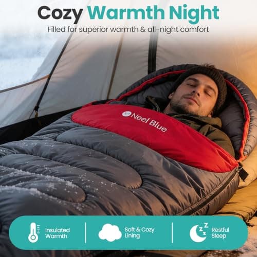 Trimming Shop, 4 Season Sleeping Bag for Adults, Warm Hooded, Grey & Red — view 6