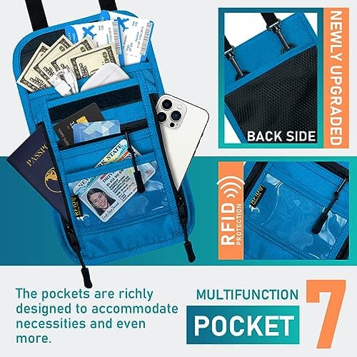 sundee Travel Neck Wallet with Double Zippers, RFID Blocking Passport Holder with Adjustable Neck Strap for Men and Women to Keep Cash, Credit Cards and Travel Documents Safe, Lake Blue, Small, — view 2