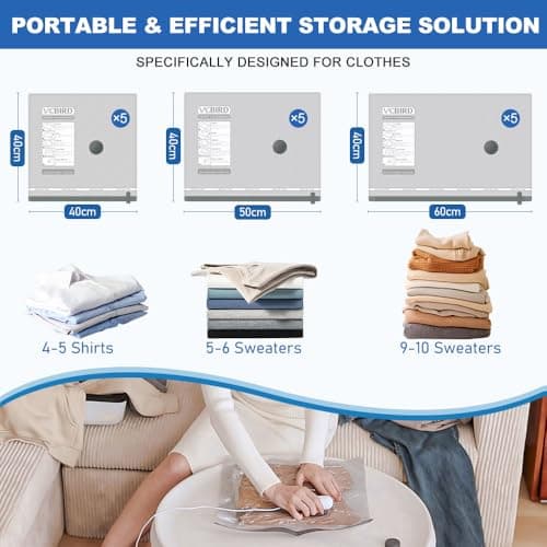 Vacbird Vacuum Storage Bags with Electric Pumps for Travel, 15 Pack — view 2