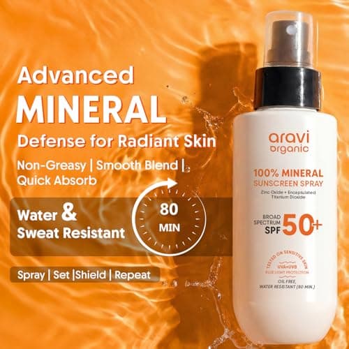 Aravi Organic 100% Mineral Sunscreen Spray SPF 50 PA++++ | Broad Spectrum UVA/UVB & Blue Light Protection | Hydrating, Lightweight & Non-Greasy | No White Cast | Water Resistant | Zinc Oxide & Titaniu — view 2
