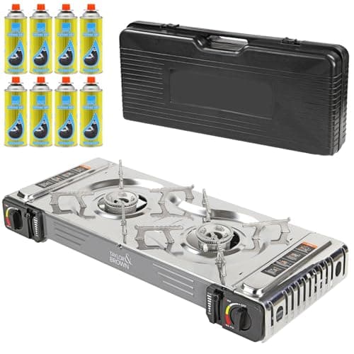 Taylor & Brown Portable Dual Burner Camping Stove Stainless Steel with 8 Butane Gas & Carry Case | EN417 Compliant Premium Gas Double Stove | with Automatic Ignition & Heat Control