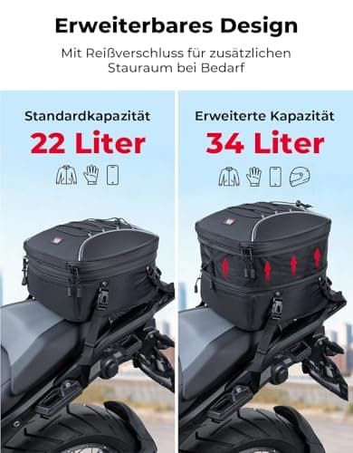 KEMIMOTO Motorcycle Tail Bag, 22L-34L Expandable Large Capacity Motorbike Seat Bag with 9.5L Removable Cooler Bag, Waterproof Rear Rack Bag with Quick-Release Straps for Touring, Camping and Picnics — view 2