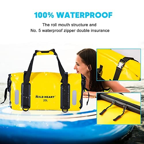 WILD HEART Waterproof Bag Duffel Bag 20L 30L 40L with Welded Seams Shoulder Straps, Mesh Pocket for Kayaking, Camping, Boating,Bycycle,Motorcycle (Yellow, 20L) — view 3
