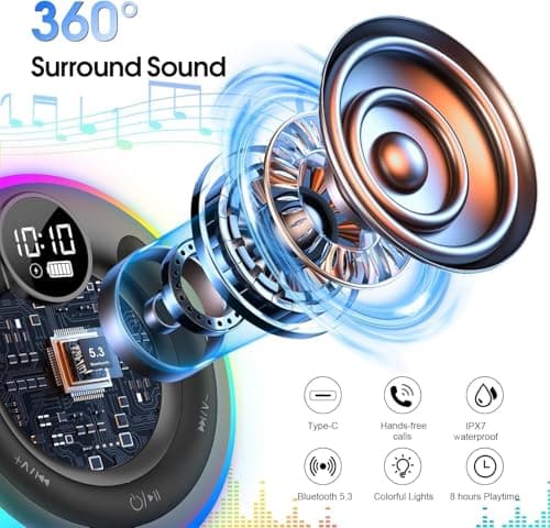 AOSRAU Bluetooth Shower Speaker, 2025 Portable Bluetooth Speaker 5.3 with Time Display, IPX7 Waterproof with Suction Cup, RGB Lights, Stereo Bass, Wireless for Bathroom/Party/Travel/Outdoor, Blue — view 2