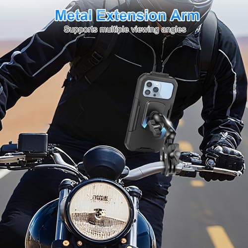 BTNEEU Motorbike Phone Holder Waterproof [720° Rotation Metal Extension Arm & Dual Anti-Shock] Motorcycle Phone Mount with Touch Screen Handlebar Bike Phone Holder for 5.5" to 7.0" Smartphone (Black) — view 3