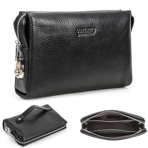 Contacts Genuine Leather ID Card Holder Clutch for Men, Mens Large Capacity with Anti-theft Combination Lock Travel Wallet with Strap