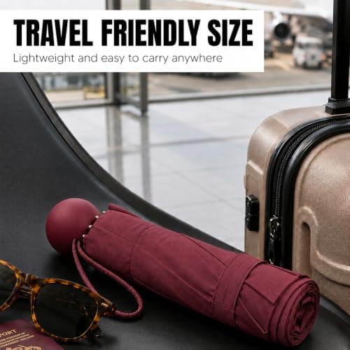 ONE BEST DEAL OBD Maroon Mini Compact Folding Umbrella Lightweight Portable Travel Rain Umbrella with Carry Strap and Storage Sleeve Small Pocket Umbrella for Handbag Backpack Women and Men — view 2