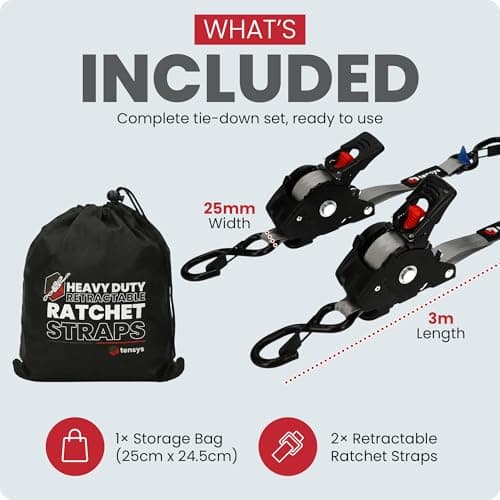 Auto Retract Ratchet Straps Heavy Duty – 300kg Max Break Capacity Self Retracting Tie Down Strap Set with Hooks Cushioned Grips for Cargo Trailer Motorcycle Luggage, Grey, 2 Pack, 2.5mm x 3m — view 2