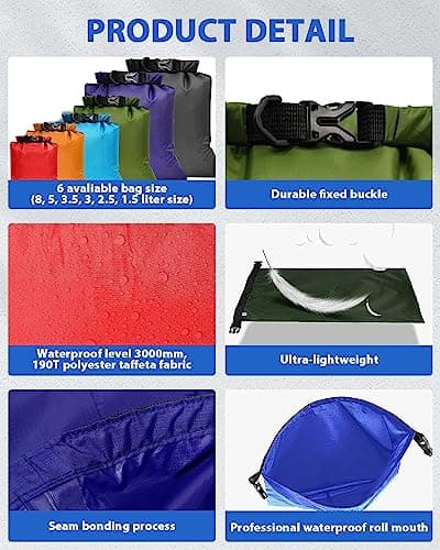 MOXTOYU Dry Bags Waterproof Set 6 Pack, Lightweight Large Capacity in 8L 5L 3.5L 3L 2.5L 1.5L Organizer Storage for Camping Outdoor Hiking Fishing Cycling Sack (DNAT-drybag-6pcs) — view 5