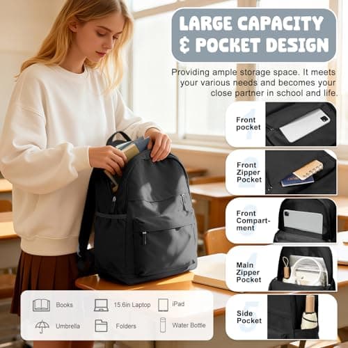 School Backpack Womens Men Black Rucksack School Book Bags for Girls Boys — view 3