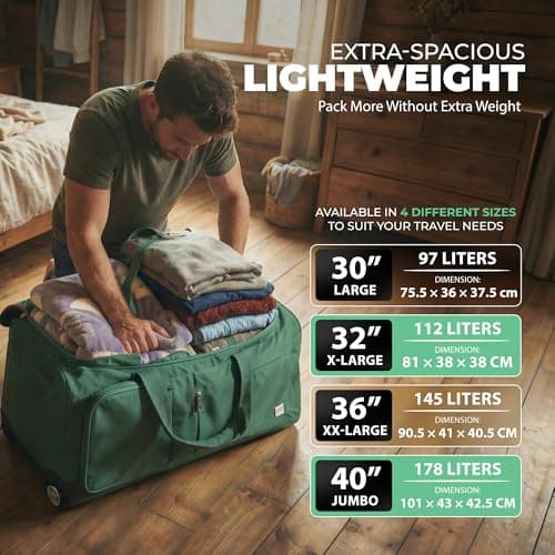 ATX Luggage 40" Jumbo Wheeled Duffle Bag Lightweight Rolling Wheels Suitcase Extra Durable Holdall for Sports Travel and Cargo | Green — view 2