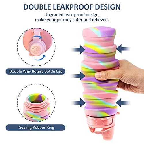Newthinking Silicone Water Bottle for Kids, 500 ml Portable Collapsible Water Bottles, Leak Proof Silicone Drink Bottles with Lanyard Straps for Girls and Boys (Pink) — view 3