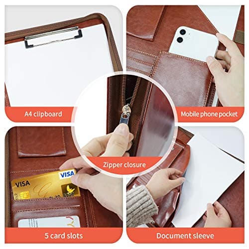 NEWYES PU Leather Zipper Conference Folder A4, Gifts for Men & Women, Travel Document Portfolio, Personal Agenda Organizer Folder, Brown — view 5