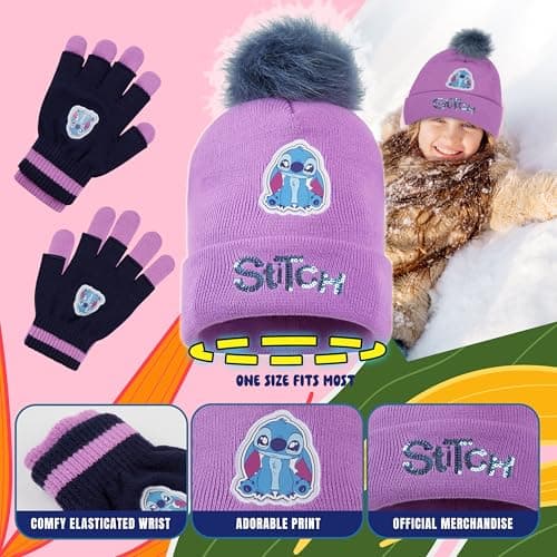 Disney Stitch Girls Beanie Scarf Teenagers Kids Gloves Winter Accessories School Travel Stitch Gifts, Choose from Sets (Purple Stitch 2 Pcs) — view 5