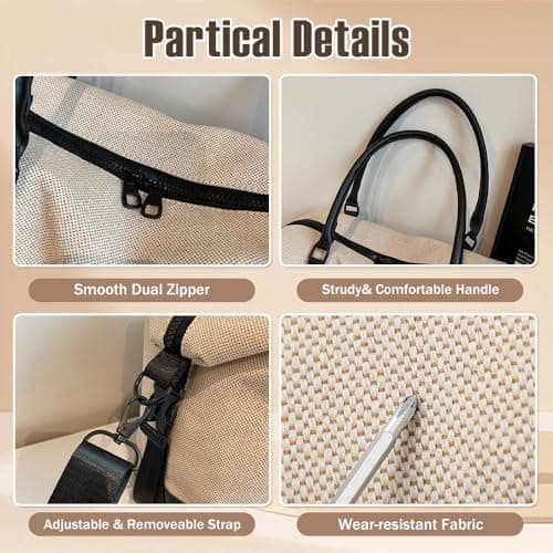 Travel Duffle Bag for Women, Canvas Carry On Weekender Overnight Bags with Wet Pocket, Gym Tote Bag for Business Trip Sports, Beige Black, 16.9 x 10.6 x 5.9 inches, Weekender Duffel Overnight Bag — view 6