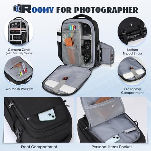 RAINSMORE Camera Bags for Photographers Camera Backpack with 14 inch Laptop Compartment Professional DSLR SLR Camera Bag Raincover Men Women for Canon Nikon Sony Black — view 3