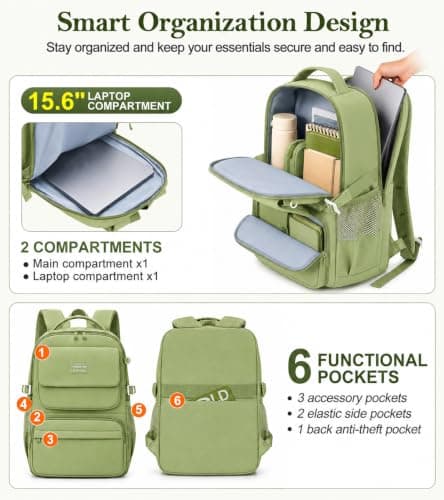 FIORETTO 25L School Bag for Girls & Teens, Womens Backpack Rucksack with Organized Pockets, Trolley Strap & Chest Buckle, Fits 15.6" Laptop, Ideal for School, Travel & Daily Use Green — view 3