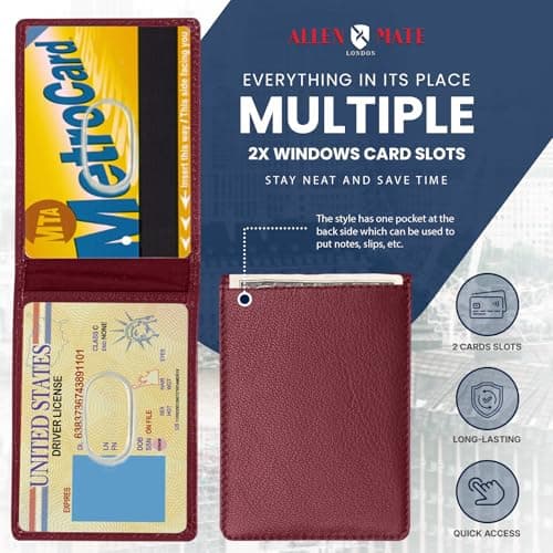 ALLEN & MATE 100% Leather Travel Card Holder - Slim Minimalist Wallet for Travel Bus Pass ID License Oyster Card for Men & Women (Maroon Premium) — view 4