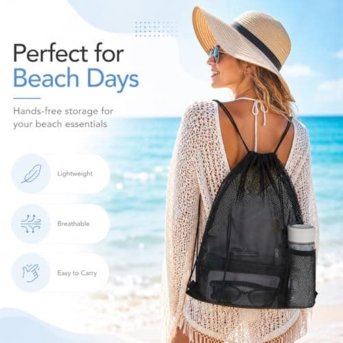 Bruislard 2 Pcs Mesh Drawstring Backpack Bag Heavy Duty Nylon Net Bags with Zipper Pocket Multifunction Mesh Bag Beach Bags for Gym Swimming Beach Toys Clothes — view 5