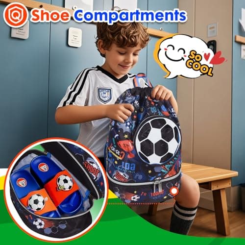 PinkSheep Swimming Bag for Kids, Gym Drawstring Backpack for Girls Boys - Waterproof Beach Bags with Shoes Compartment and Wet Proof Pocket for Swimming Pool Beach Travel School (Football) — view 5