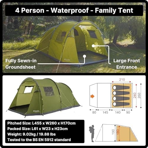 Eurohike Sendero 4 Man Tent with Porch & Spacious Living Area, 4 Person, Waterproof, Easy to Pitch, Tunnel Design, Ideal for Family Camping Trips & Festivals, 2000mm HH — view 3