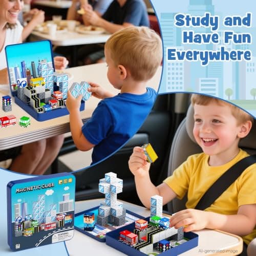Magnetic Blocks Travel Toy Boys : 49pcs City Traffic Iron Case Road Set — view 2