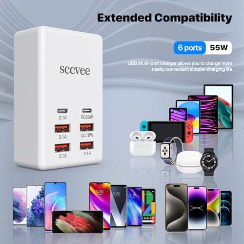USB C Charger, 55W 6-Port USB C Charger Holder Multi-USB Charging Station Desktop Multi-Port USB Charger 2 USB C 4 USB A Compatible with iPhone/Google/Xiaomi/Oppo/Tablet etc. — view 2