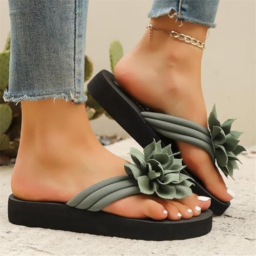 Flower Flip Flops Women Beach Slippers Size 7.5 Boho Open Toe Slip on Flat Sandals Summer Comfortable Yoga Mat Thong Sandals for Pool, Travel Vacation Slippers Flower Army Green Footwear Gift — view 5