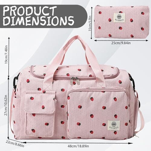 AUNGKWANG Corduroy Strawberry Travel Duffel Bag Set, Dance Bags for Girls with Little Strawberry Wallet, Sports Bags Women Foldable Gym Sports Bag — view 2