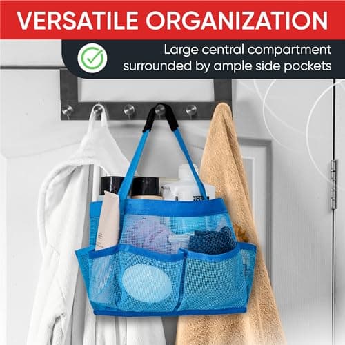 Masirs Shower Caddy Mesh - 9 Pocket Portable Bathroom Organizer Tote for Travel, Gym & Dorm - Collapsible Small Shower Caddy Bag to Hold Toiletries & Essentials (Blue) — view 6