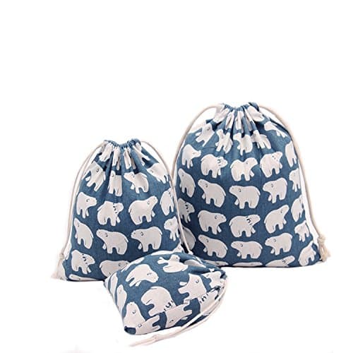 Amoyie Cotton Drawstring Bag 3pcs, Kids Storage Bag, Fabric Organiser Pouch