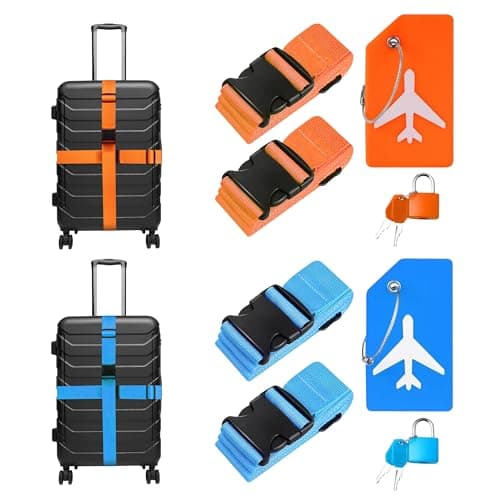 Luggage Straps with Padlock for Suitcase & Luggage Tags | Set of 4 Suitcase straps, 2 Suitcase Padlocks with Keys to secure your items & 2 Travel Tags for Luggage for Easy Identification