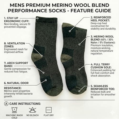 COSHAL® 2 Merino Wool Socks Men's Wool's Warm Thermal Socks Winter Wool Walking Hiking Socks Mens Outdoor Indoor Thick Warm Socks Size 6-11, Green — view 2