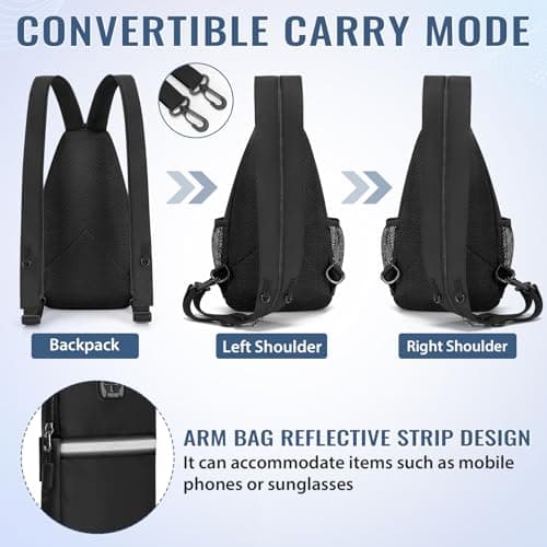 Crossbody Shoulder Bags, Convertible Sling Bag with Side Mesh Pockets and Headphone Hole, Crossbody Backpack and Arm Bag Set, Lightweight Chest Bag Casual Daypack for Women Men Camping Travel Hiking — view 4