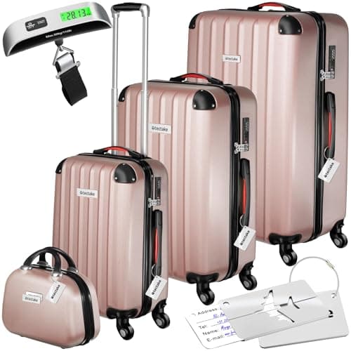 tectake® Hard Shell Suitcase Set, Incl. Extra Large, Large, Medium Suitcases & Beauty Case, Lightweight Suitcases with TSA Lock, ABS Shell, 360° Wheels, Telescopic Handle & Luggage Scale - Rose Gold