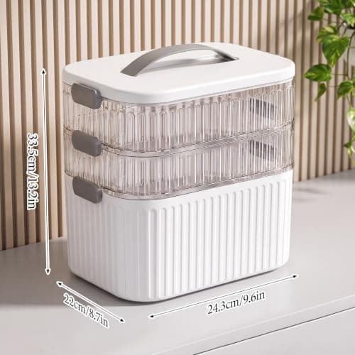 Medicine Storage Box, 3 Layer Multi Purpose Organizer with Portable Handle and Secure Buckle Latch, Large Heightened Desktop First Aid Medication Organizer Case for Pantry Home Office Car Travel-White — view 2