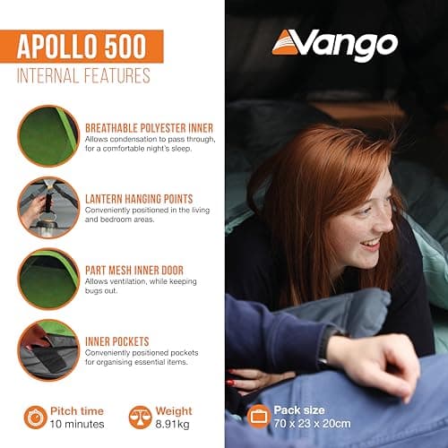 Vango Apollo 500 Family Tent for 5 People [Amazon Exclusive] with Large Porch Living Area, Waterproof - Ideal Weekend Camping Tent, Epsom Green — view 3