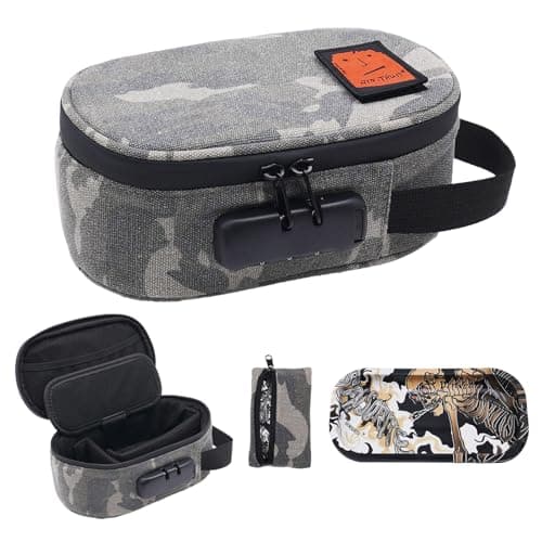 RYO TRUST Smell Proof Bag with Combination, Containers with Lock, Stash Bag for Storage and Travel, 8.7"×5.6"×3.8" Stash Bag with Metal Tray and Mini Foil Pocket,Camo